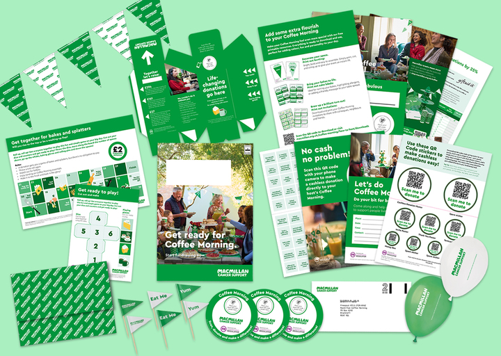 A graphic that shows all the items you can get in the Coffee Morning full fundraising kit. It includes pictures of bunting, a donation box, table cloth and more.