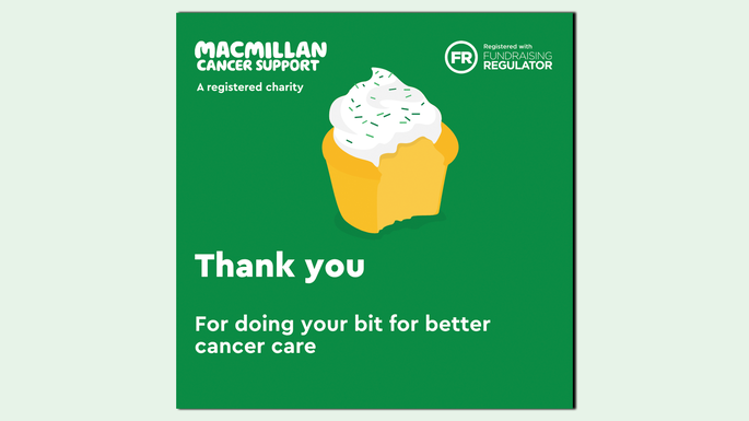 A preview of the graphic you can share on Instagram to thank people for supporting your Coffee Morning. The graphic includes a sprinkled icon cupcake and the wording 