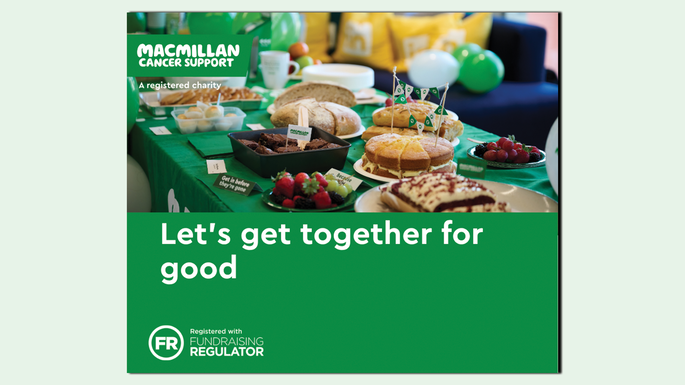 The graphic shows a preview of a Facebook graphic you can use to share on the social media platform. It includes a photo of a Coffee Morning spread full of delightful treats and the words: Let's get together for good.