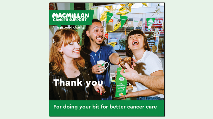 A preview of a Coffee Morning graphic you can use to thank people for supporting your event. It includes a photo of people attending an event and the words: Thank you for doing your bit for better cancer care.