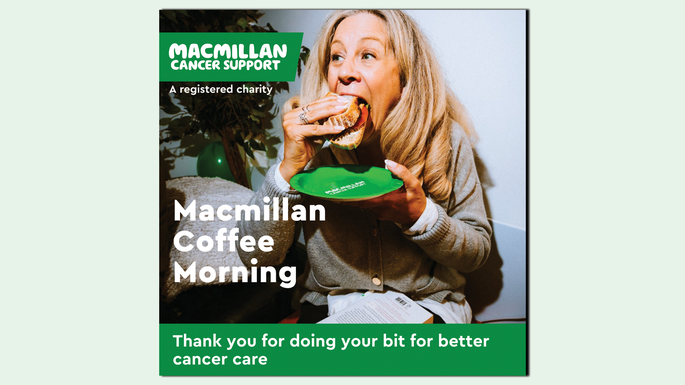 A preview of a graphic that you can use to share on Instagram to thank people for supporting your Coffee Morning. It includes a photo of a women eating a sandwich and the words: Macmillan Coffee Morning. Thank you for doing your bit for better cancer care.