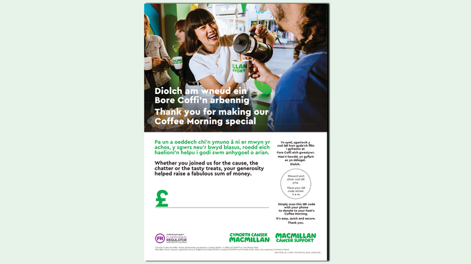 A preview of a poster in Welsh that you can use to thank people for supporting your Coffee Morning.