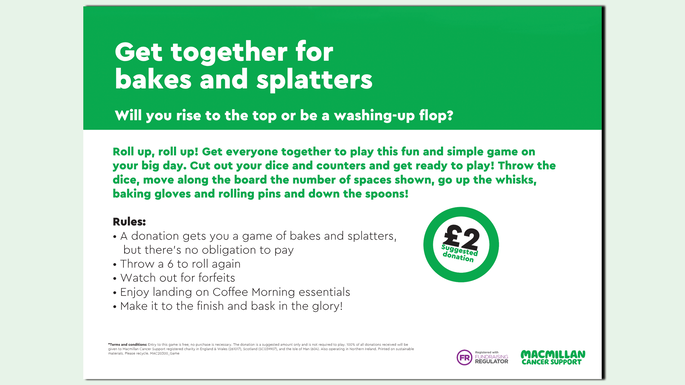 A preview of the bakes and splatters fundraising game. It is a play on the traditional game snakes and ladders.