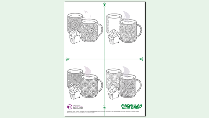 A preview of a colouring in worksheet you can use at your Coffee Morning. The worksheet has two mugs and a cupcake to colour in, split across 4 different variations.