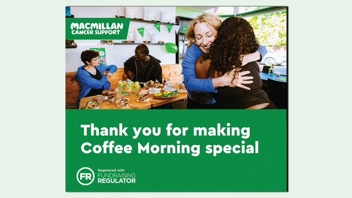 A preview of a Facebook graphic you can use to share on Facebook to thank people for supporting your Coffee Morning. The graphic has two people hugging at a Coffee Morning and copy that says: thank you for making Coffee Morning special.