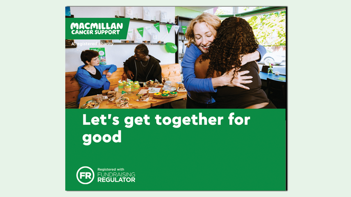 A preview of a graphic you can use to promote your Coffee Morning. It includes a photo of two people hugging and copy that says: Let's get together for good.