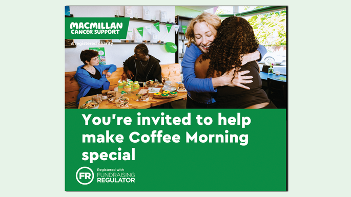 A preview of a graphic you can use on Facebook to invite people to your Coffee Morning. It includes a photo of two people hugging at a Coffee Morning. It includes copy that states: You're invited to help make Coffee Morning special.