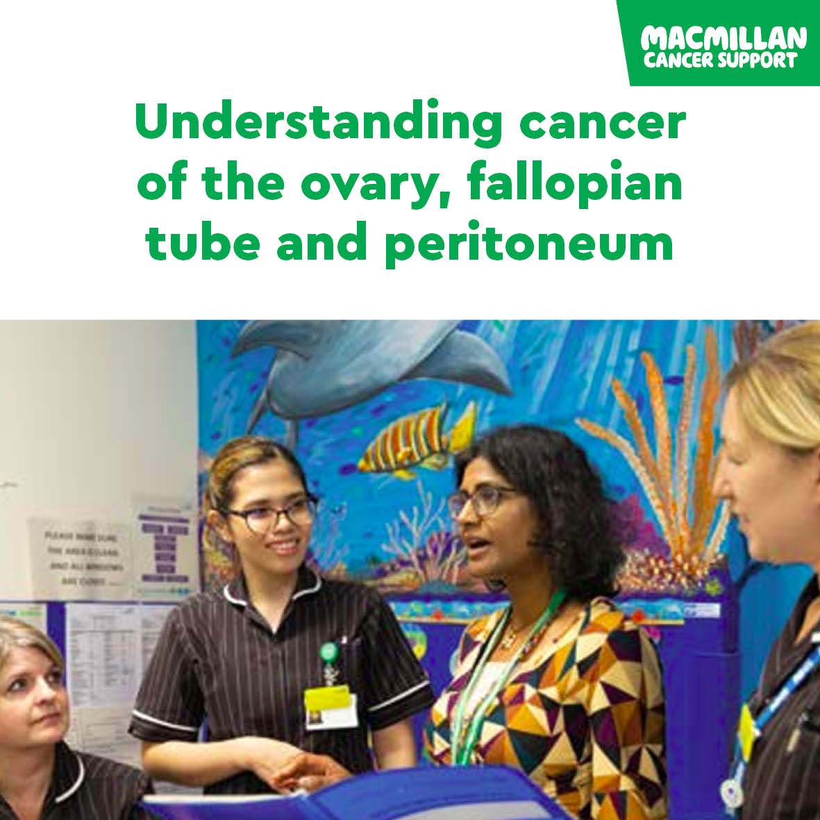 The cover for Macmillan's Understanding cancer of the ovary, fallopian tube and peritoneum audiobook. It contains the title, Macmillan's logo, and an image of healthcare professionals having a meeting.