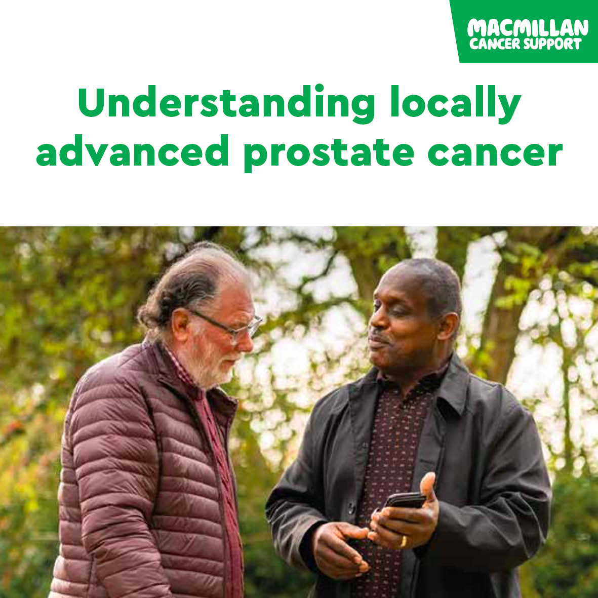 The cover for the Understanding Locally Advanced Prostate Cancer audiobook. It includes Macmillan's logo, the name of the audiobook, and a photo of two men talking to one another.