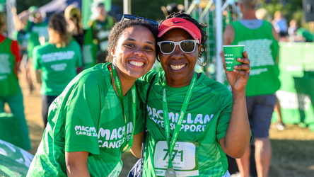 Two Mighty Hikers are standing side to side with one arm around the other. They are posing for a picture. Both are wearing Mighty Hikes finisher medals and green Macmillan tops.