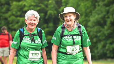 Two hikers are walking along a paved path. They are wearing Macmillan branded tops and other hiking gear. Each Mighty Hiker is carrying a water bottle in one hand. Behind them are lush green trees and grass.