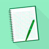 A lined notebook with a dark green ballpoint pen on a light green background.