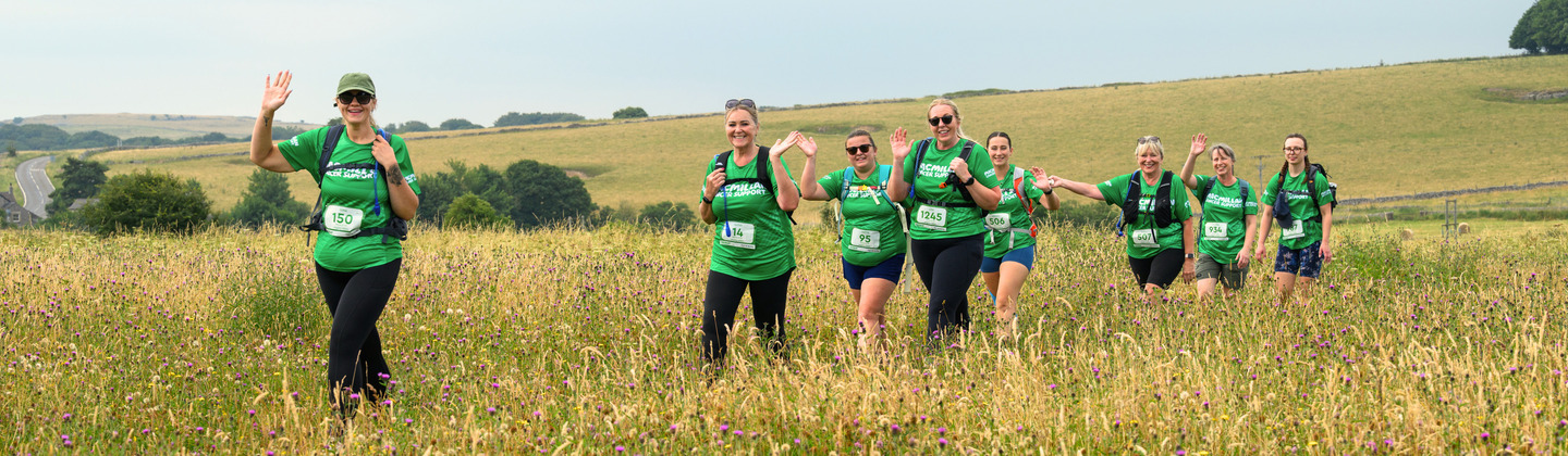 A group of Mighty Hikers are walking along a path in an overgrown grassy meadow. Some of them are waving towards the camera. Behind them are rolling green hills and meadows also full of wildflowers and tall grass.