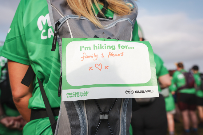 A Mighty Hiker with a backpack on with a label that says I'm hiking for... family and friends and a heart