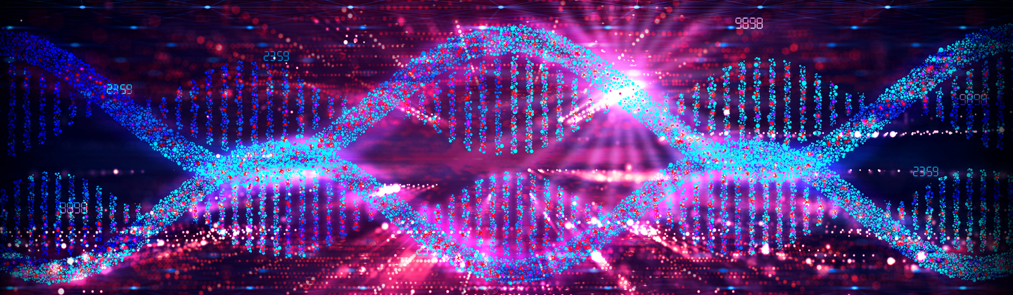 A double helix structure illustrated with glowing blue and pink particles