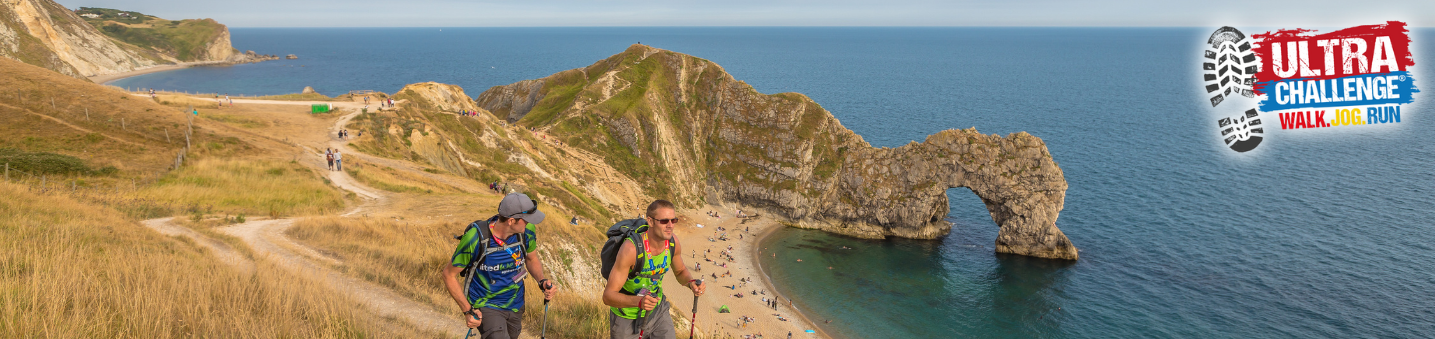 Two hikers walking a path along the cliff with Durdle Door in the background