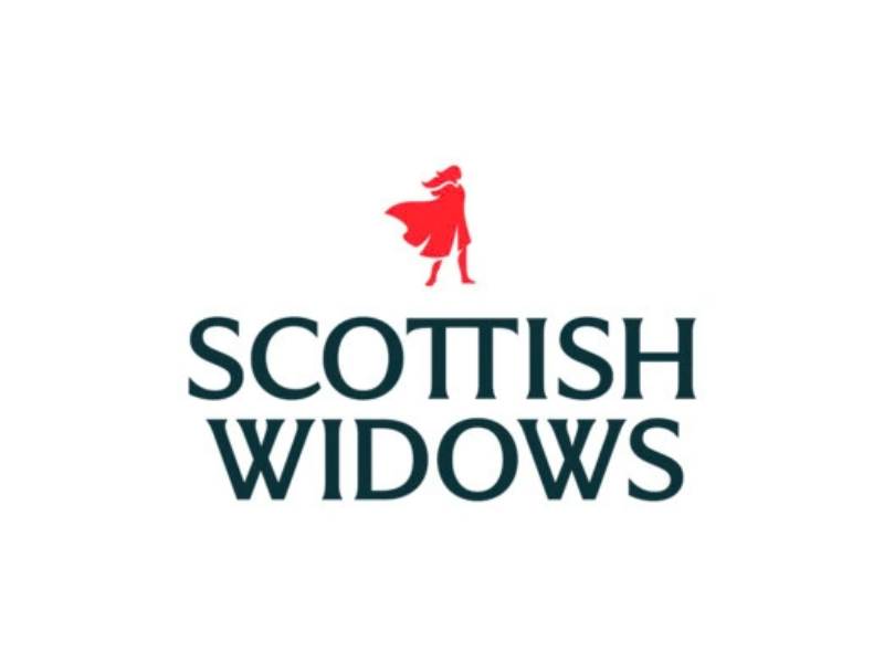 A red silhouette of someone above the words Scottish Widows. Their hair and cape are blowing in the wind. 
