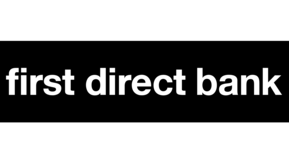 black background with white writing that reads 'first direct bank'