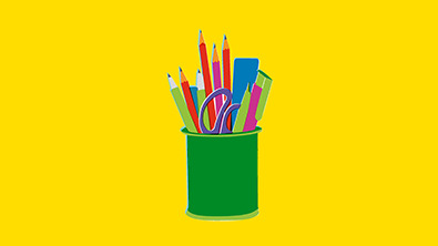 Illustration of a pot filled with pens and pencils on a yellow background