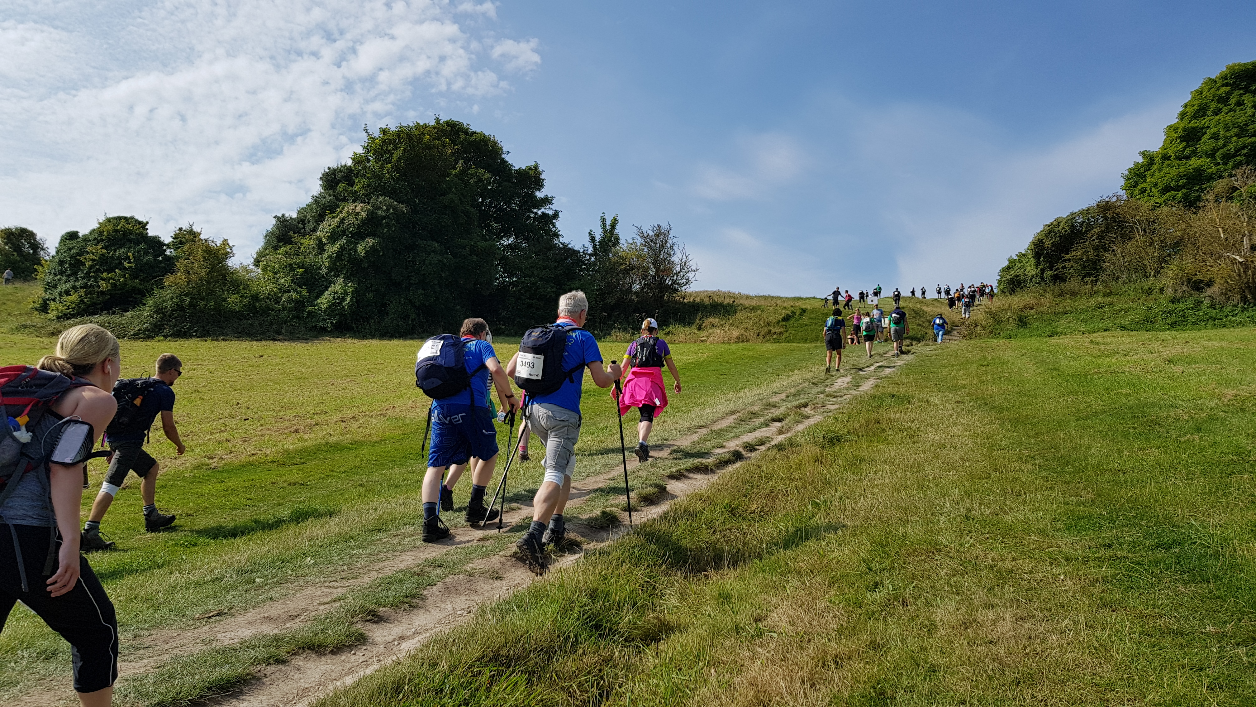 A group of hikers walking a cross a field. A couple of people in the centre of the image are using walking poles.
