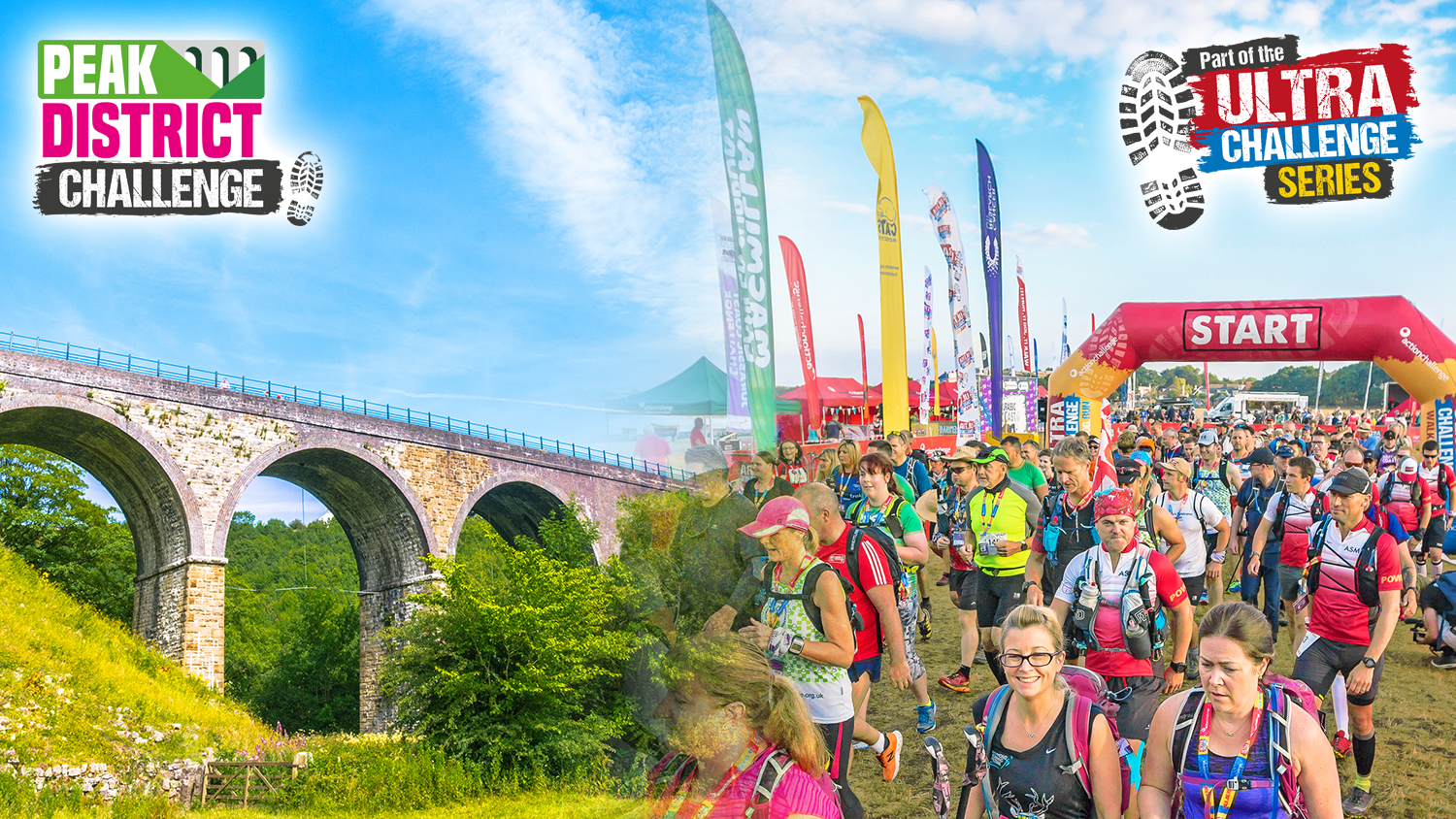 On the left of the image is a viaduct and on the right is a large group of walkers crossing the start line.