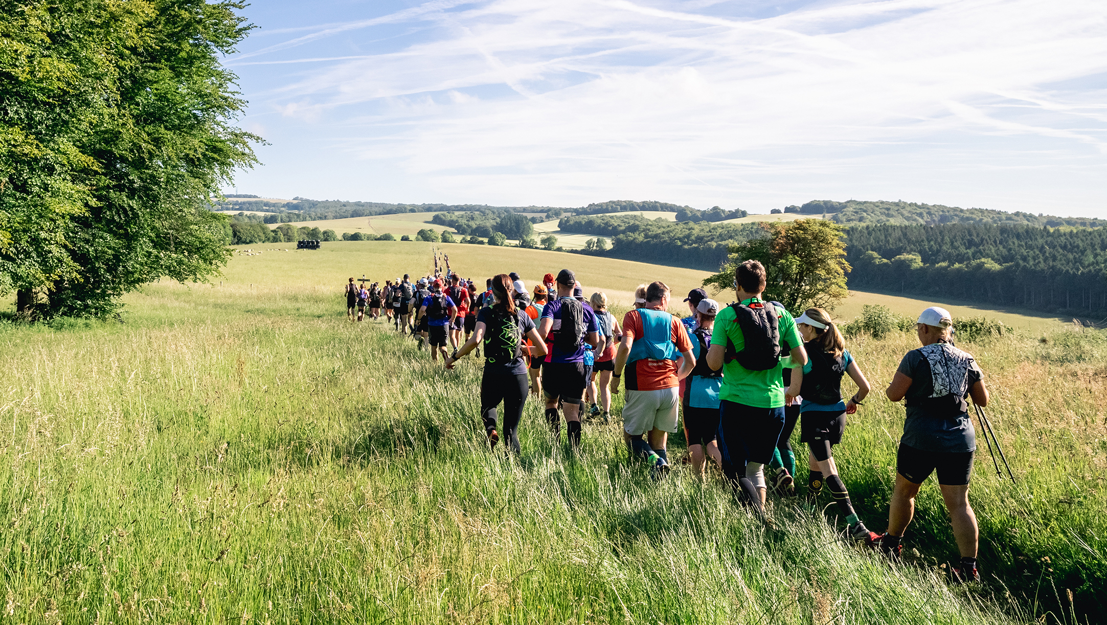 A large group of people walking down a narrow path in a grassy field. The sky is bright blue.