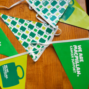 Coffee Morning green bunting on a table
