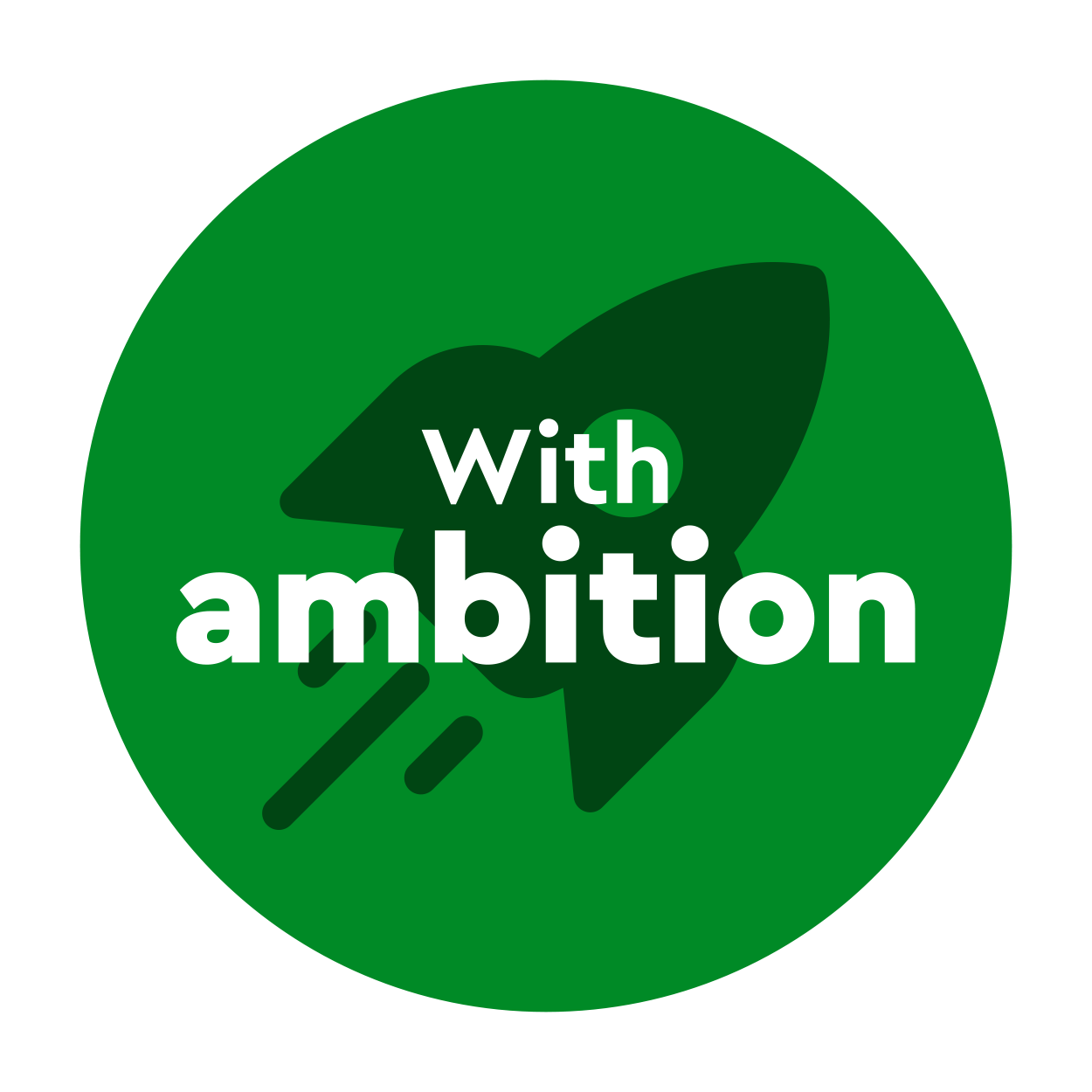An illustration of a rocket on a green background with the words with ambition overlaid