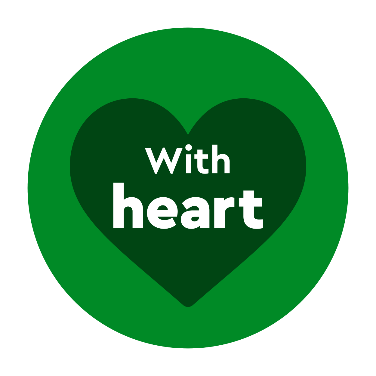 Illustration of a heart on a green background with the words with heart overlaid