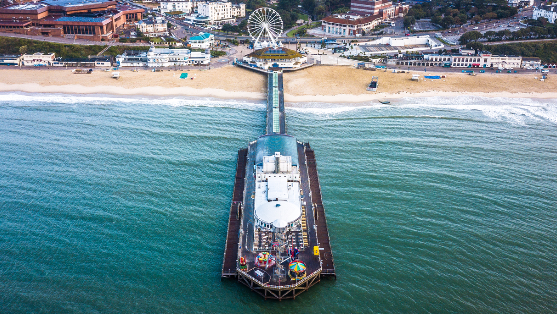Aerial image of Bournemouth pier and seafront.