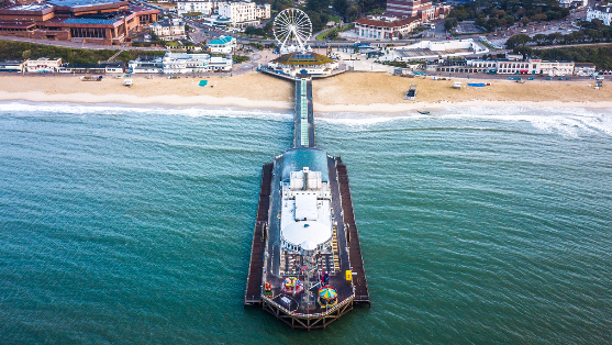 Aerial image of Bournemouth pier and seafront.