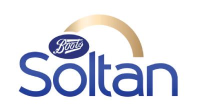An image of the Soltan logo. The name Soltan is blue and sits below a gold arch. The blue circular Boots logo is above the Soltan name.