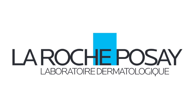 The La Roche-Posay logo in thin, black lettering. Behind the brand name is a blue rectangle.