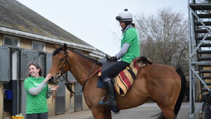 A woman on a horse and a woman holding the horse