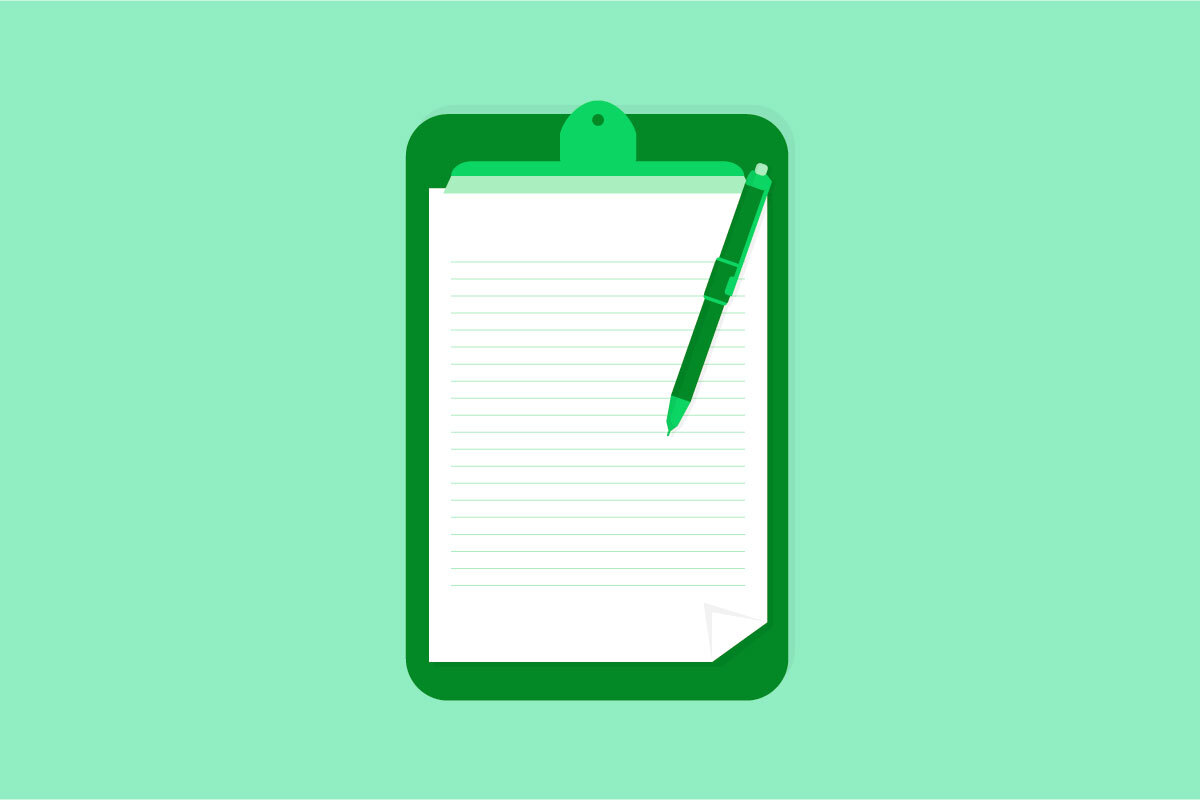 A dark green clipboard and pen with white lined paper on a light green background.