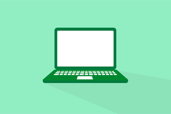 A dark green laptop on a light green background.