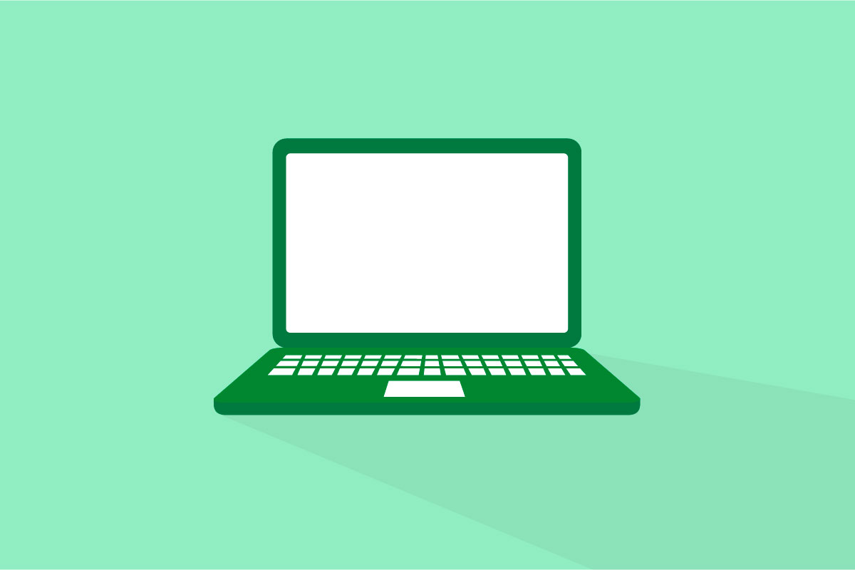 A dark green laptop on a light green background.