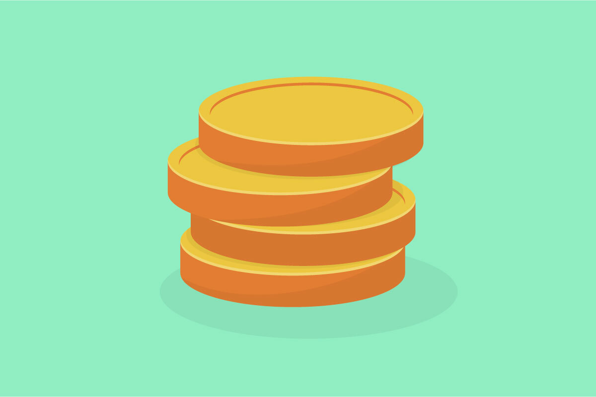 A stack of four gold coins on a light green background.