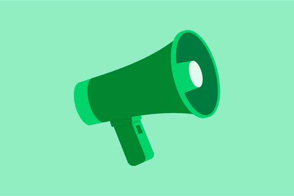 A dark green megaphone on a light green background.