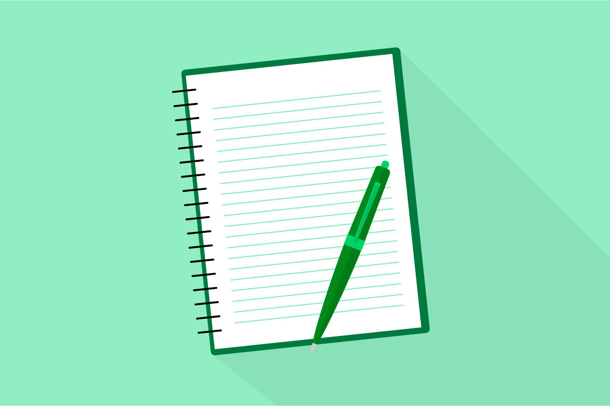 A lined notebook with a dark green ballpoint pen on a light green background.