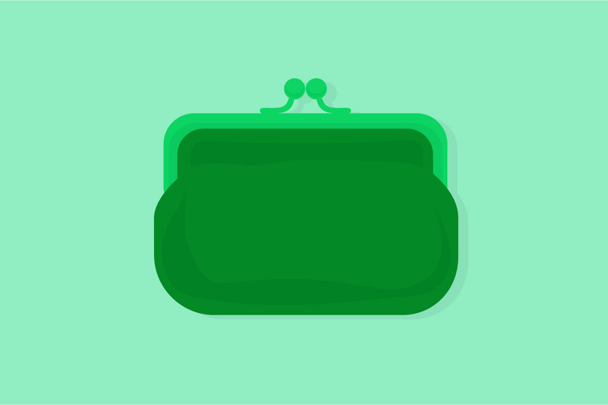 A dark green purse on a light green background.