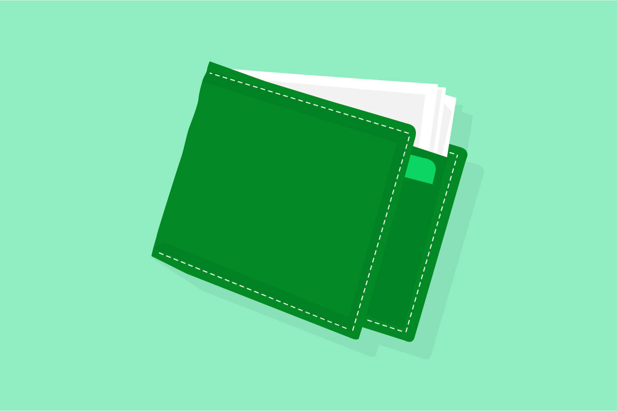 A dark green wallet on a light green background.