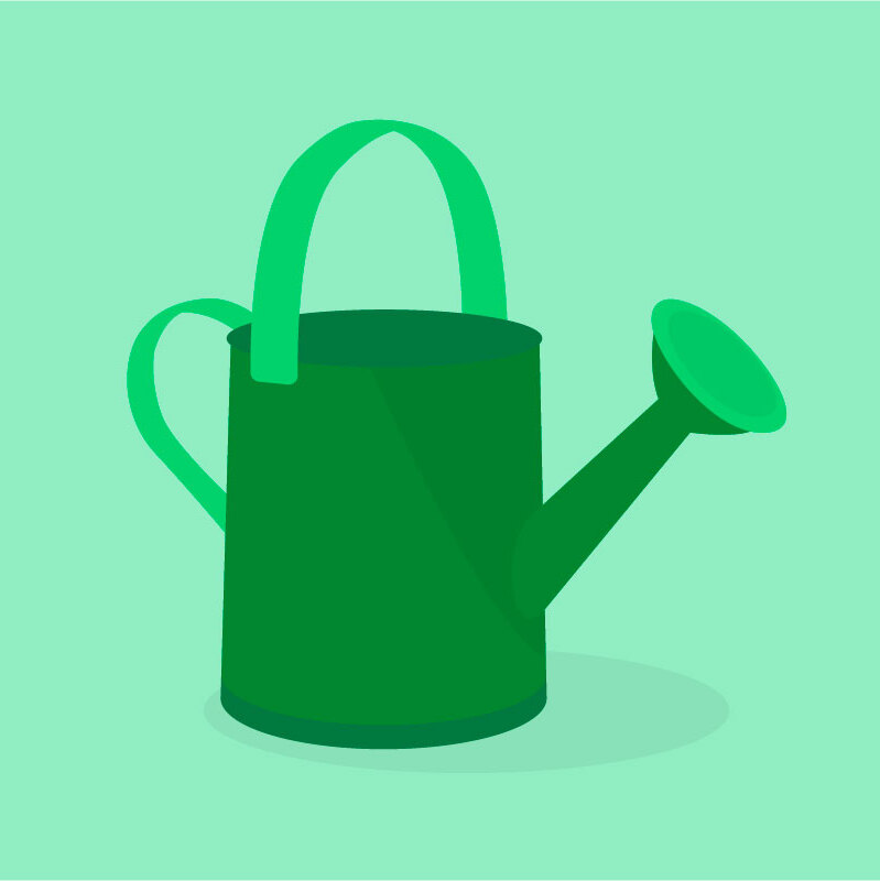A dark green watering can on a light green background.