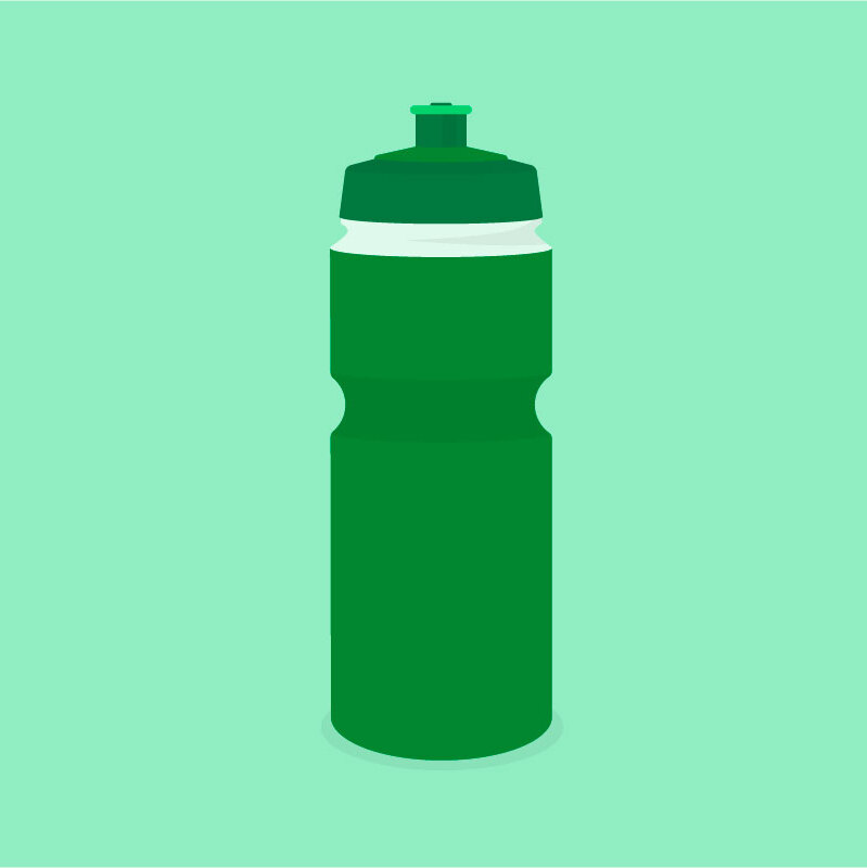 A dark green sports water bottle on a light green background.