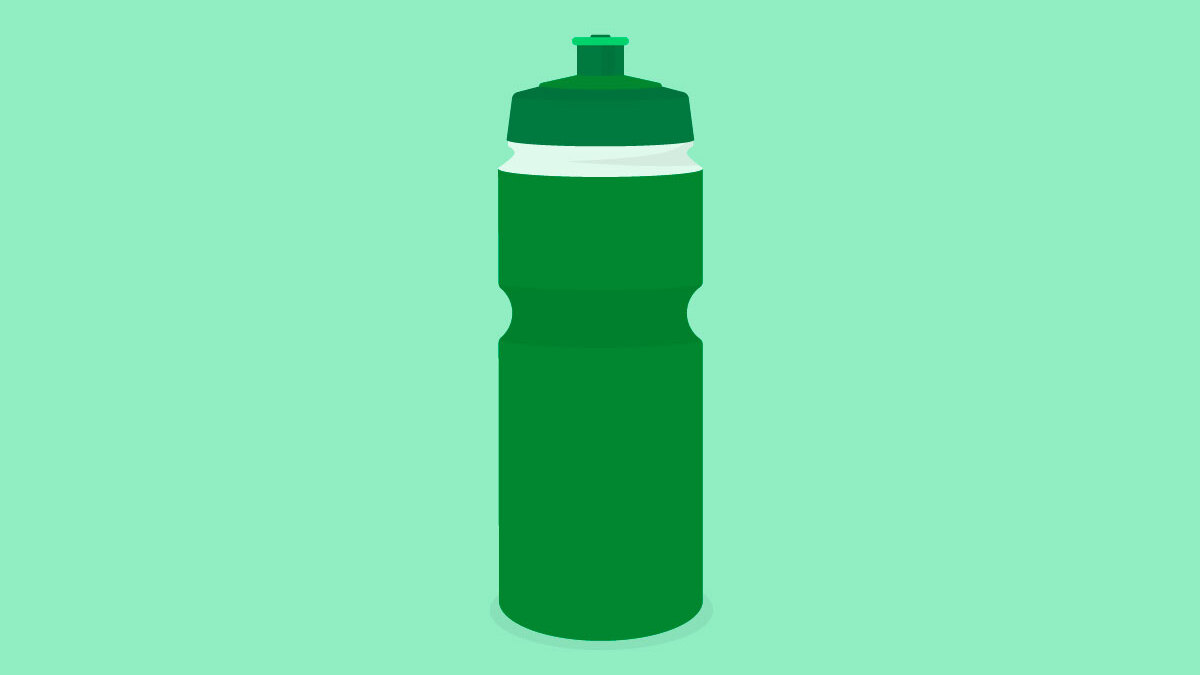 A dark green sports water bottle on a light green background.