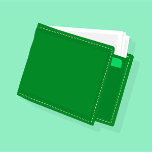 A dark green wallet on a light green background.