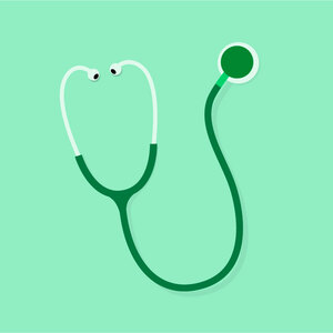 A dark green stethoscope on a light green background.