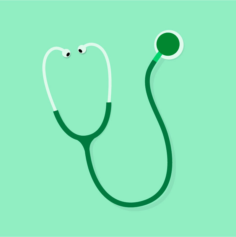 A dark green stethoscope on a light green background.