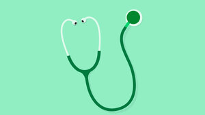 A dark green stethoscope on a light green background.