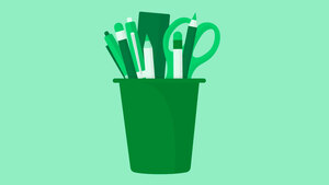 A dark green stationary pot on a light green background.